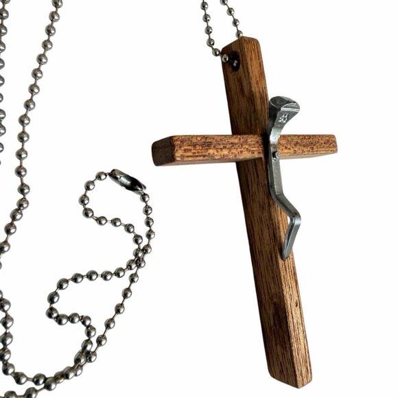 Wood Cross Necklace Nail Crucifix Pendant - Picture 6 of 7
